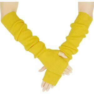 Women's Yellow Soft Cozy Arm Winter Warmers Fingerless Knitted Long Gloves